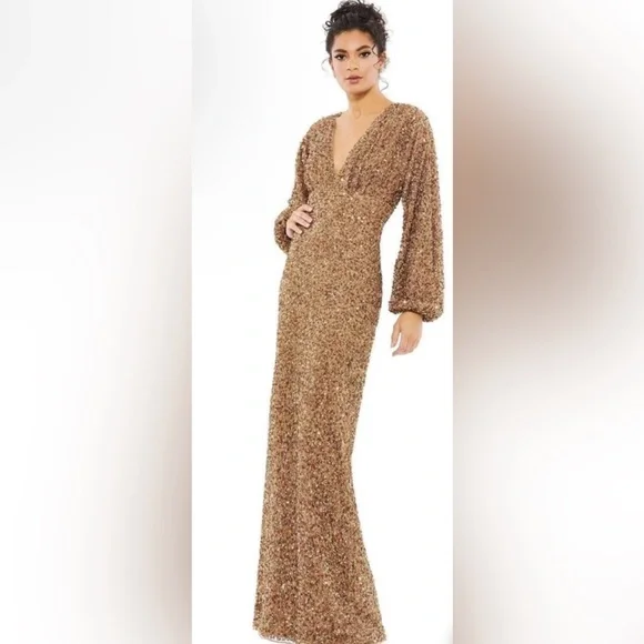 Mac Duggal Gold Sequined Long Sleeve V-Neck Gown - Picture 1 of 10